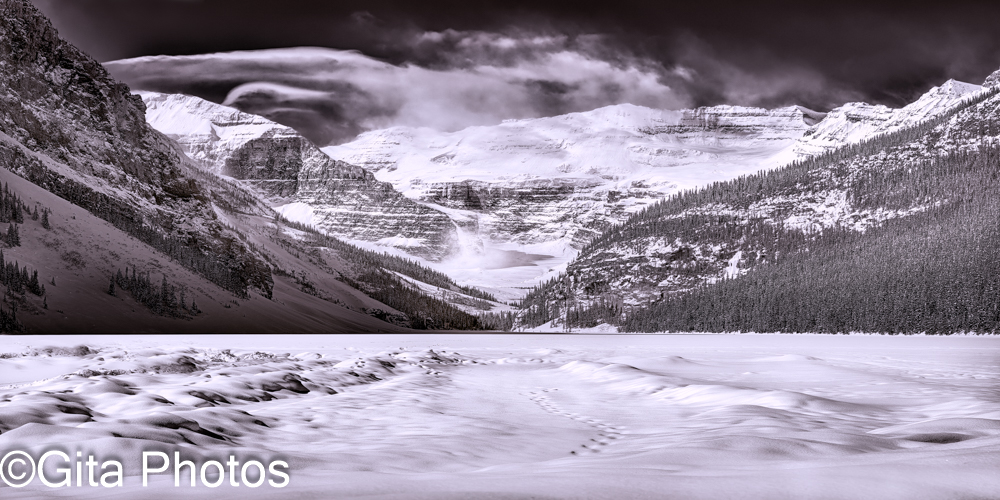 SNow covered Lake Louise and Victoria Glacier in Banff National Park.